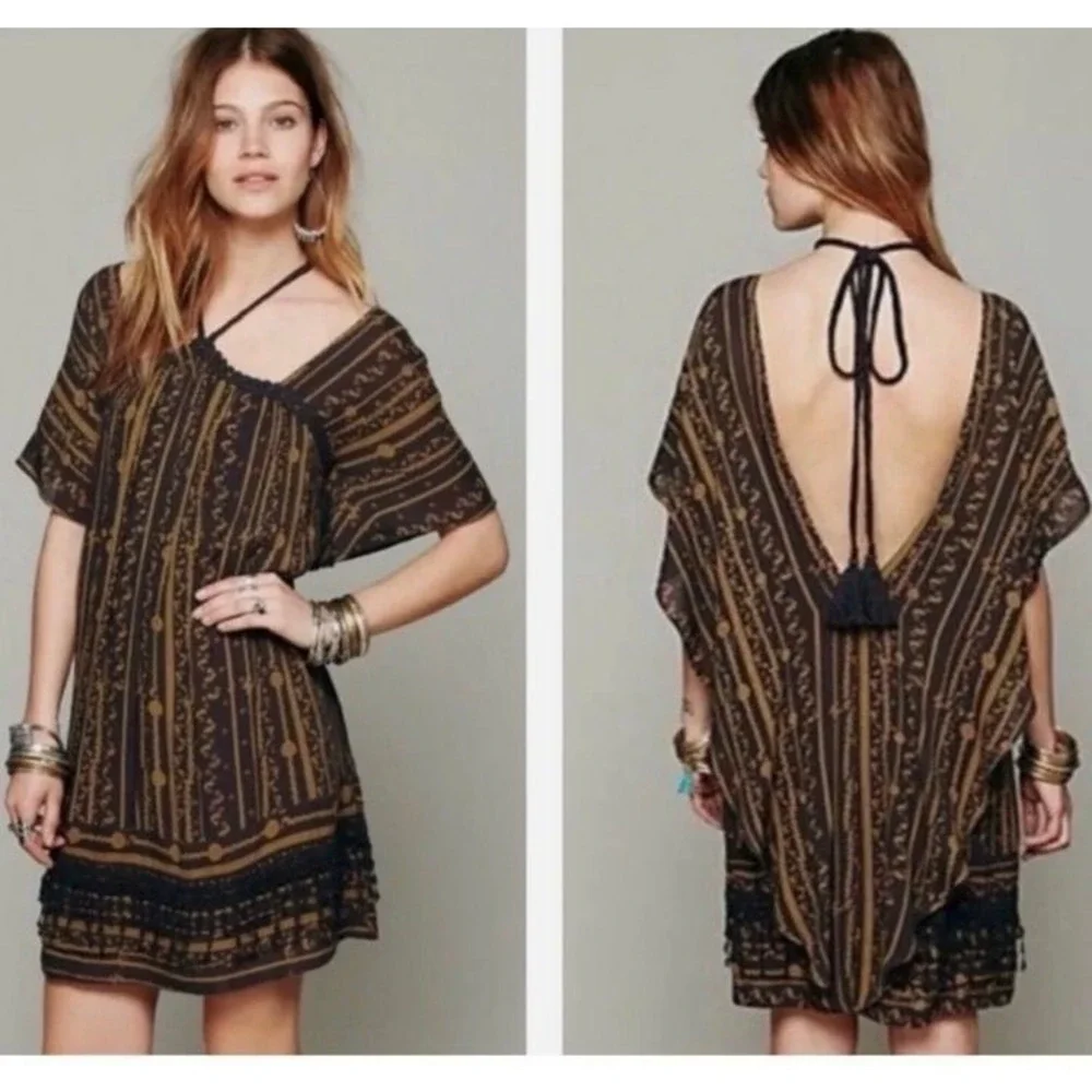 Free People Boho Mini Dress Purple Gold Tassel Crochet Fairy Festival XS PTP:19